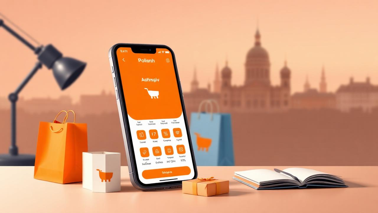Smartphone s nákupní aplikací v oranžových barvách Allegro na pozadí polského města