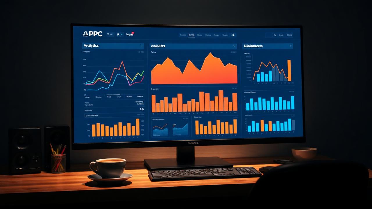 Monitor s grafy výkonu PPC kampaní v oranžové a modré barvě