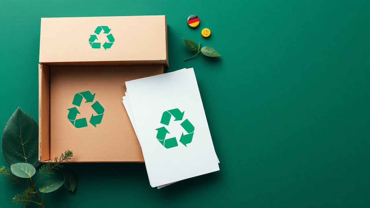 Recyklovatelné obaly a dokumenty symbolizující německou legislativu EPR