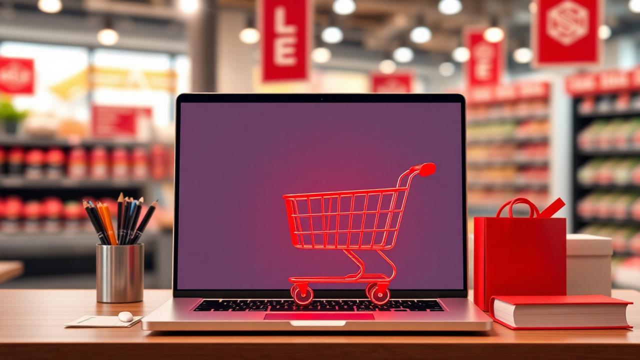 Notebook s otevřeným online nákupním košíkem v barvách Kauflandu